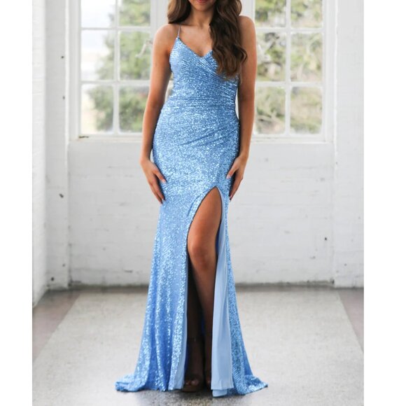 Periwinkle Blue Sequin Sleeveless Long Formal Prom Wedding Evening Dress 12 - Picture 1 of 5